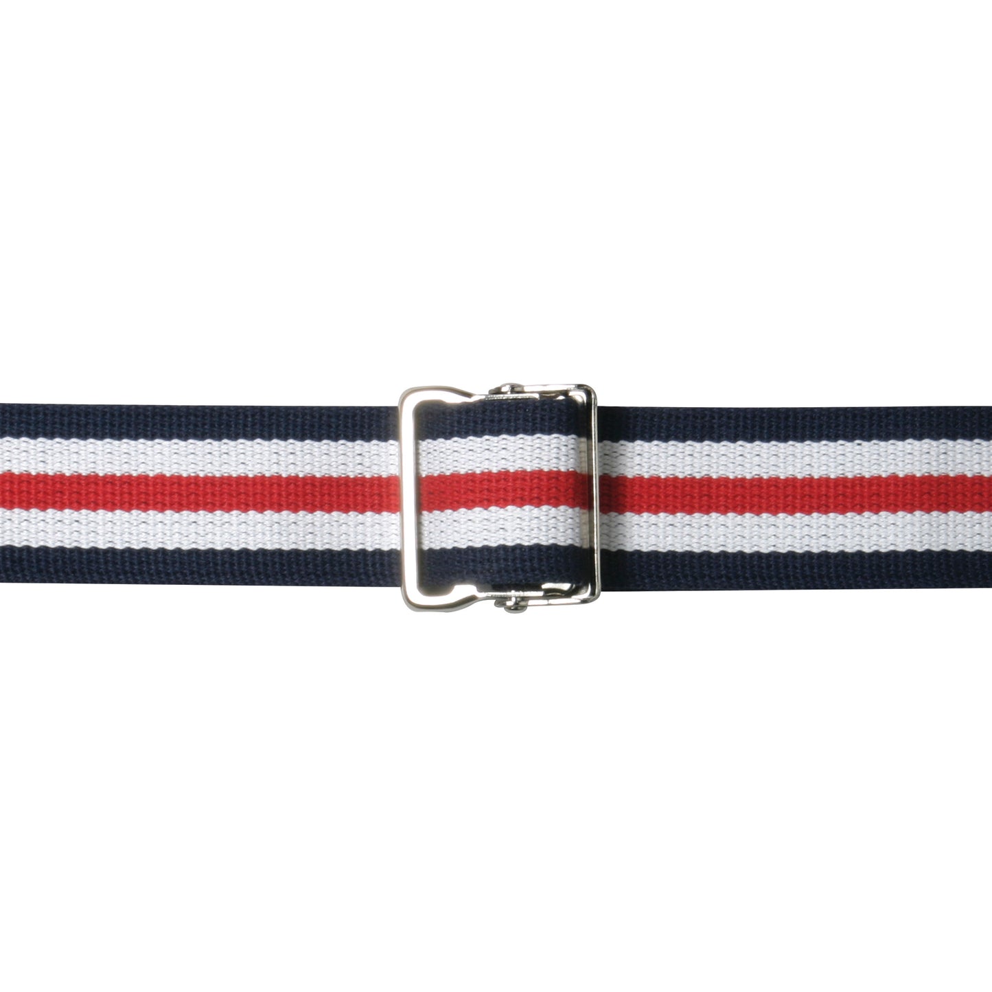 The AliMed Gait Belt features a navy, white, and red striped pattern with a metal buckle.