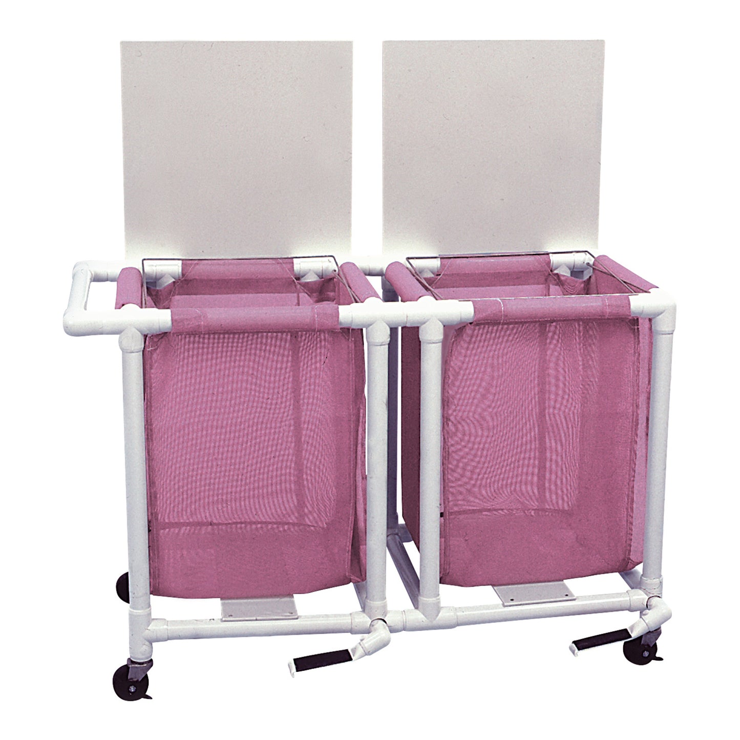 Two HealthLine PVC Linen Hampers with pink fabric bags and white PVC frames, each on wheels, with back panels.