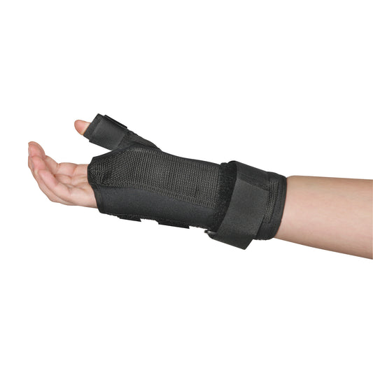 A hand wearing an AliMed FREEDOM comfort Thumb Spica brace, providing wrist and thumb support, on a white background.