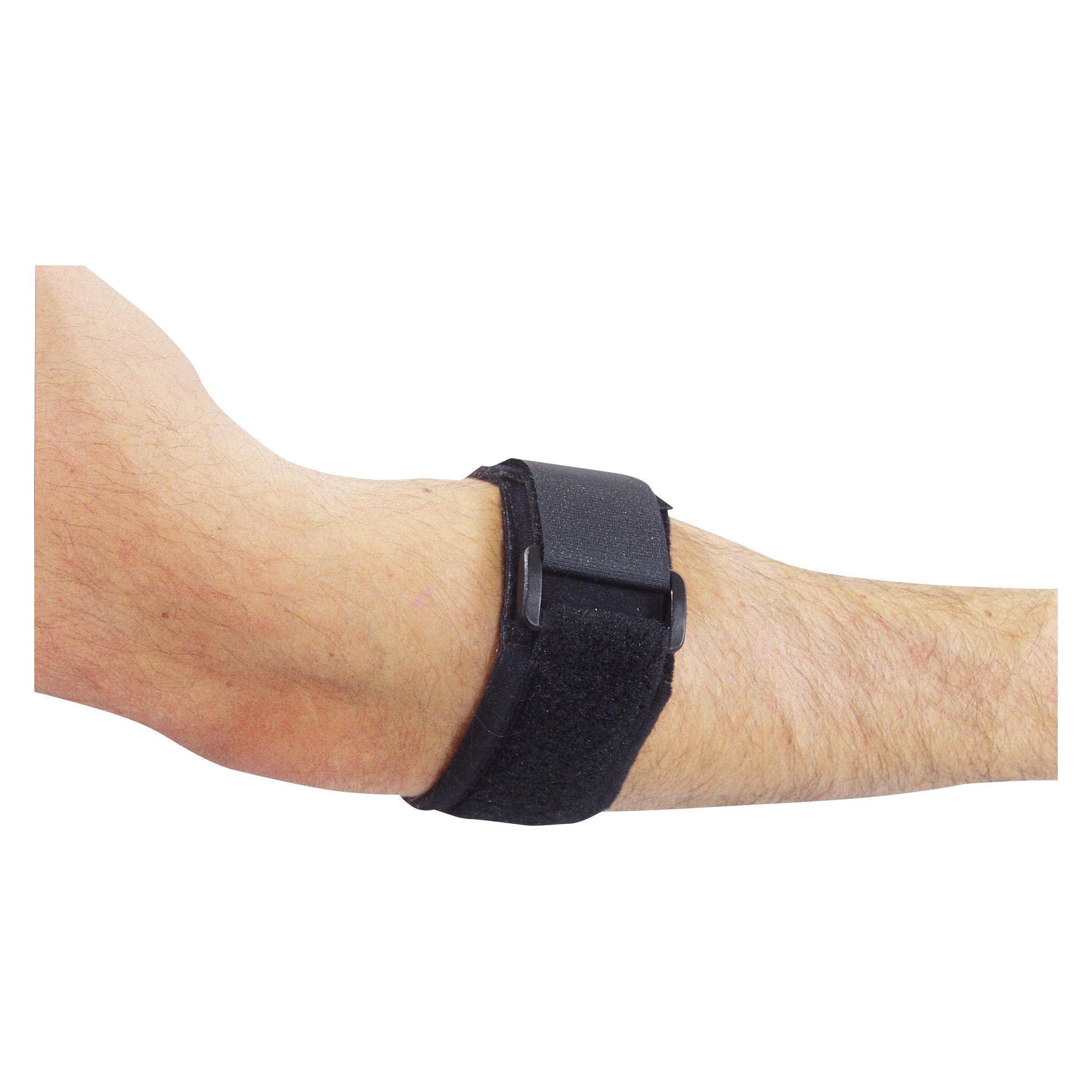 A person's forearm wearing an AliMed FREEDOM Comfort Tennis Elbow Strap. The black strap is fastened just below the elbow.