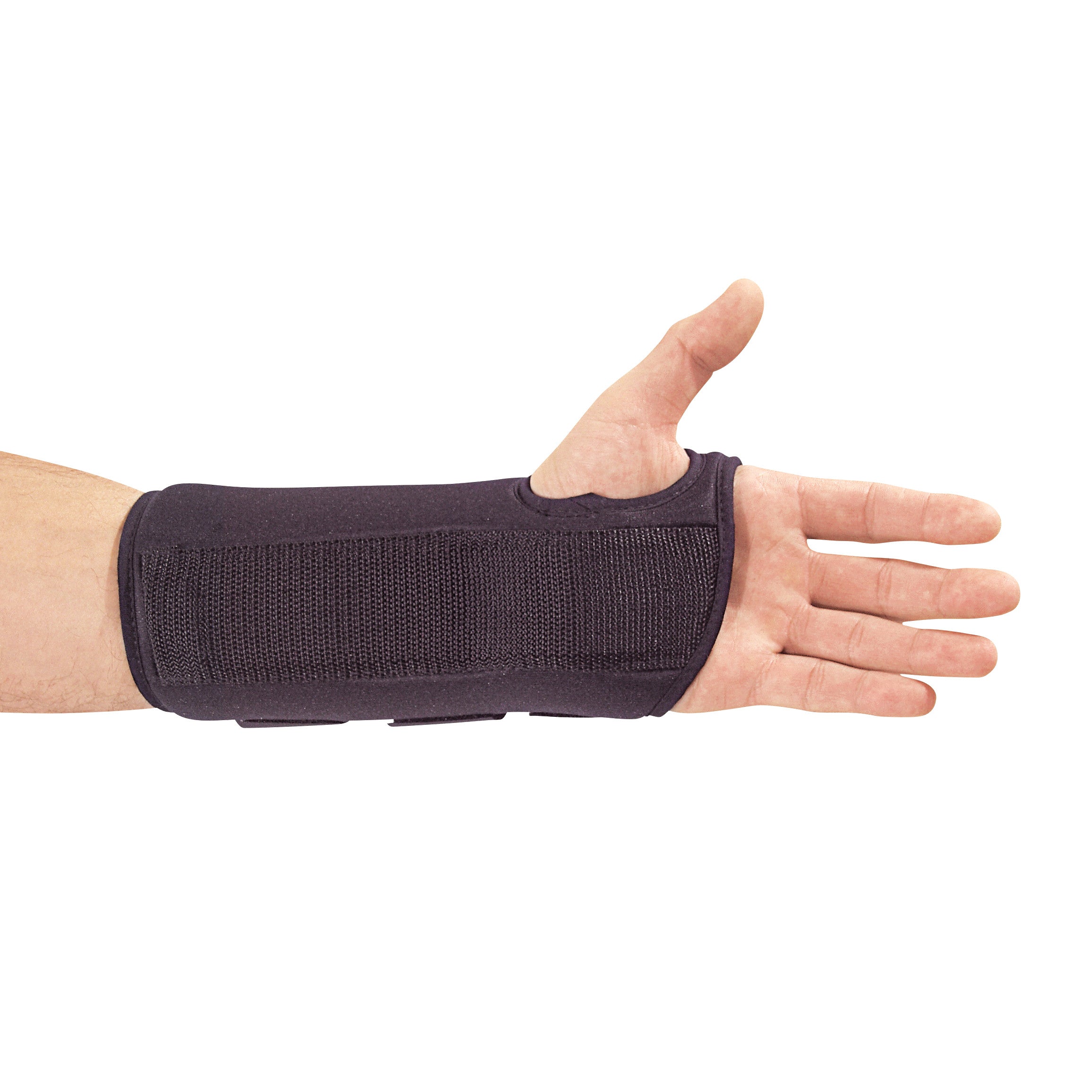 A person's arm wearing an AliMed FREEDOM comfort Wrist Support, showing its black, supportive structure and open palm design.
