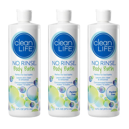Three bottles of "No Rinse Body Bath" with blue and green labels, each containing 16 fl oz. They are labeled "Paraben Free."