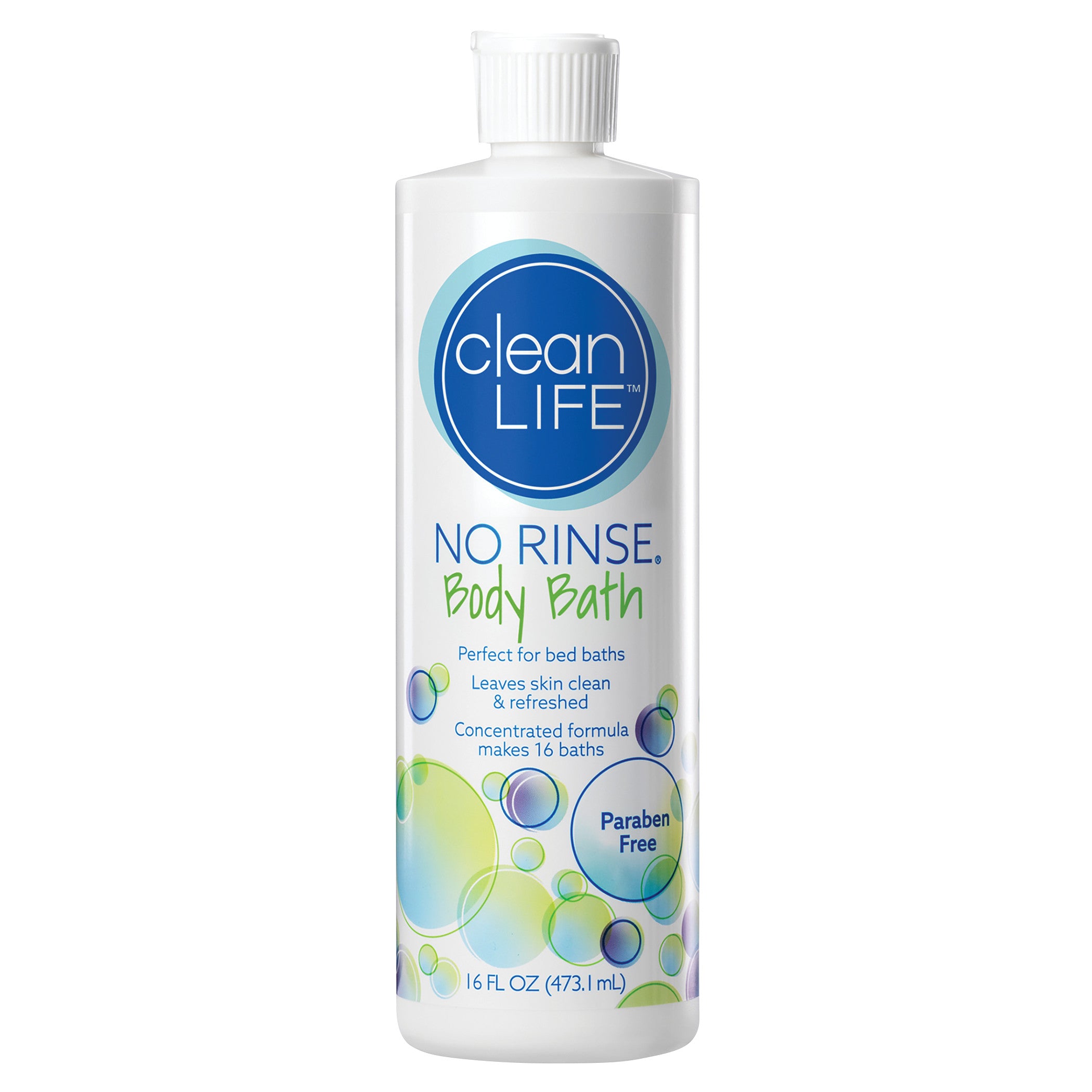 A white bottle of CleanLife's "No Rinse Body Bath," labeled as paraben-free, with a colorful bubble design. Contains 16 fl oz.