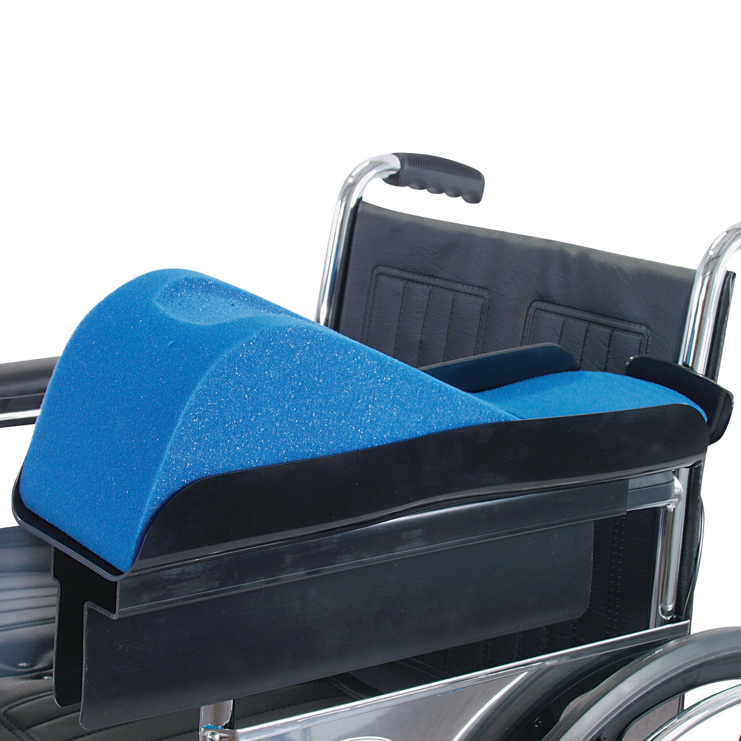 A wheelchair with AliMed Premier Wheelchair Arm Tray and blue Foam Elevation Block, designed for arm support and stability.