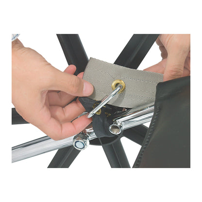 Hands attach the AliMed UniLoop Seatbelt Attachment to a metal frame using a loop with a grommet and metal clip.