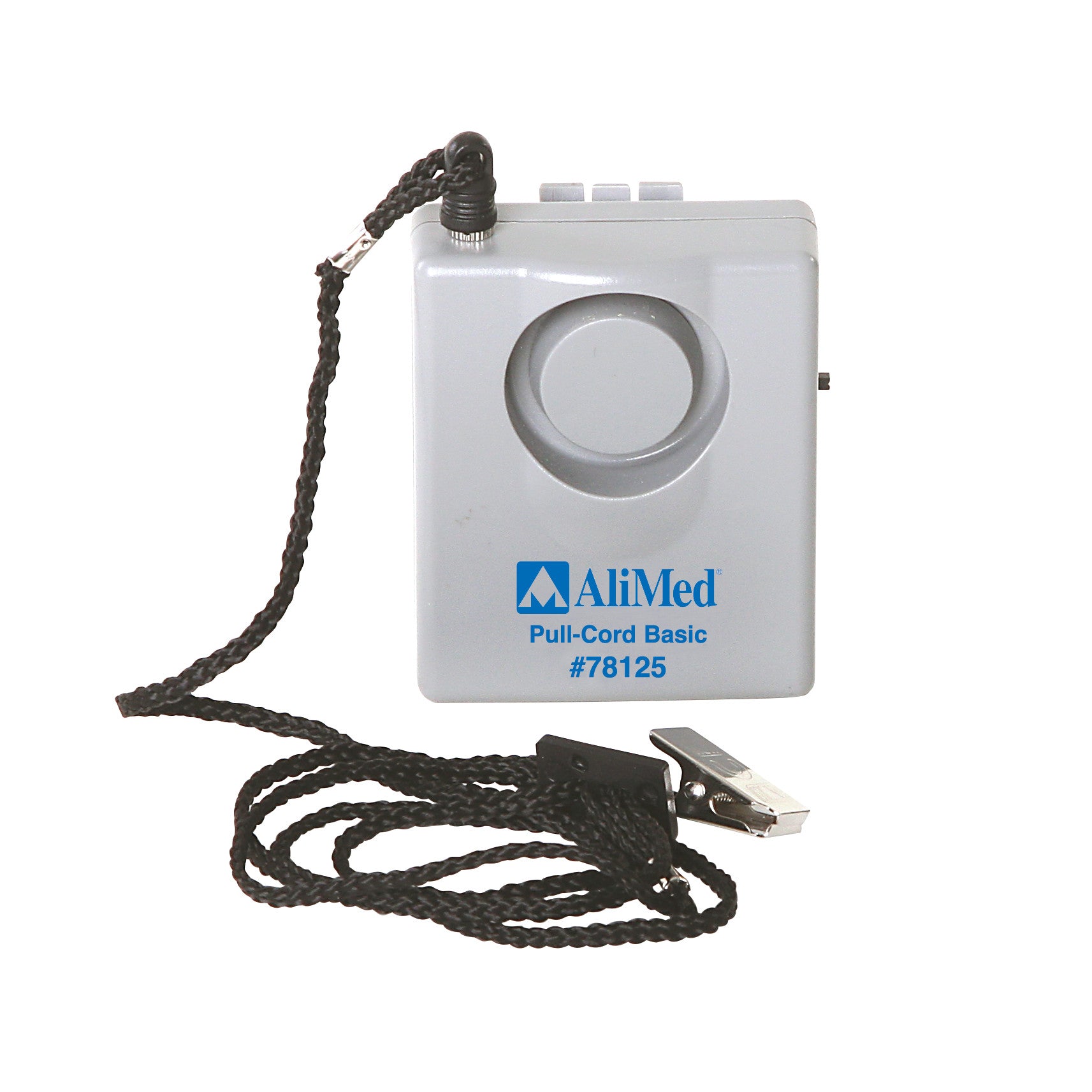 Gray AliMed Basic Pull Cord Alarm with a pull cord and metal clip, featuring a central speaker area and labeled with model #78125.