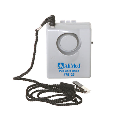 Gray AliMed Basic Pull Cord Alarm with a pull cord and metal clip, featuring a central speaker area and labeled with model #78125.