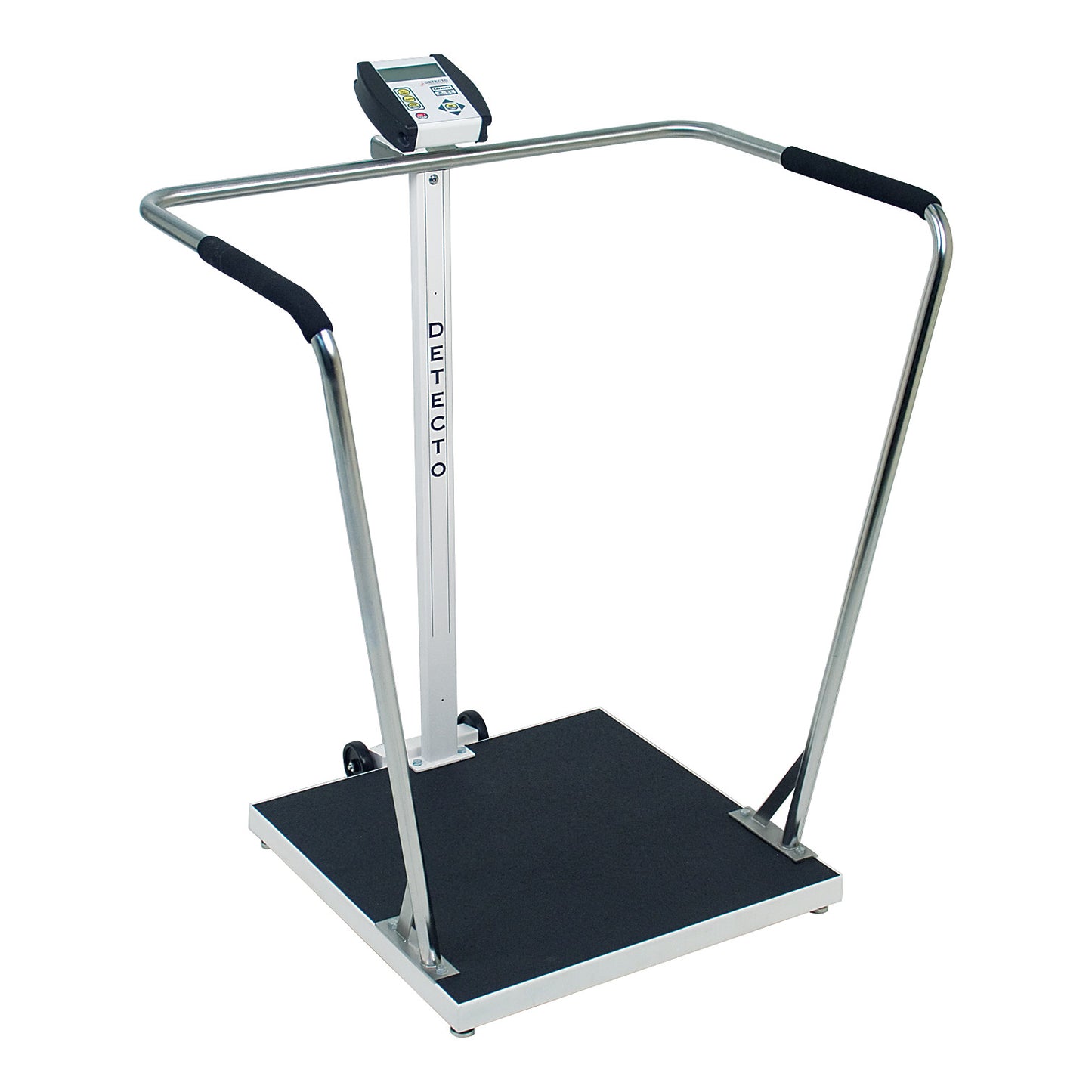 A DETECTO Handrail Stand-On Scale with a digital display and support railings on a sturdy square platform.