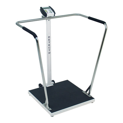 A DETECTO Handrail Stand-On Scale with a digital display and support railings on a sturdy square platform.