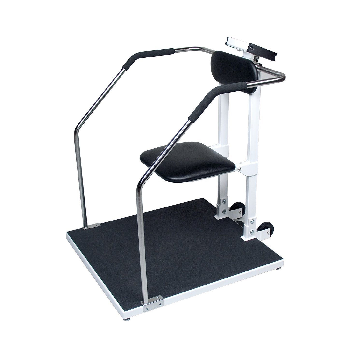DETECTO Bariatric Flip-Up Seat Platform Scale with U-shaped handlebars, padded seat, and digital readout on wheels.