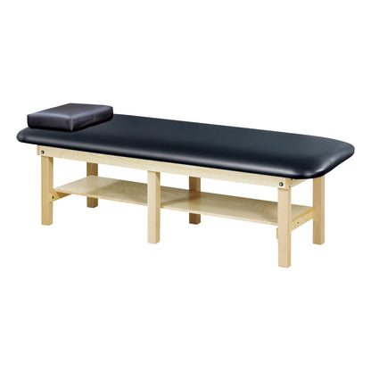 Clinton Bariatric Treatment Table with a black cushioned top and wooden frame featuring a shelf underneath.