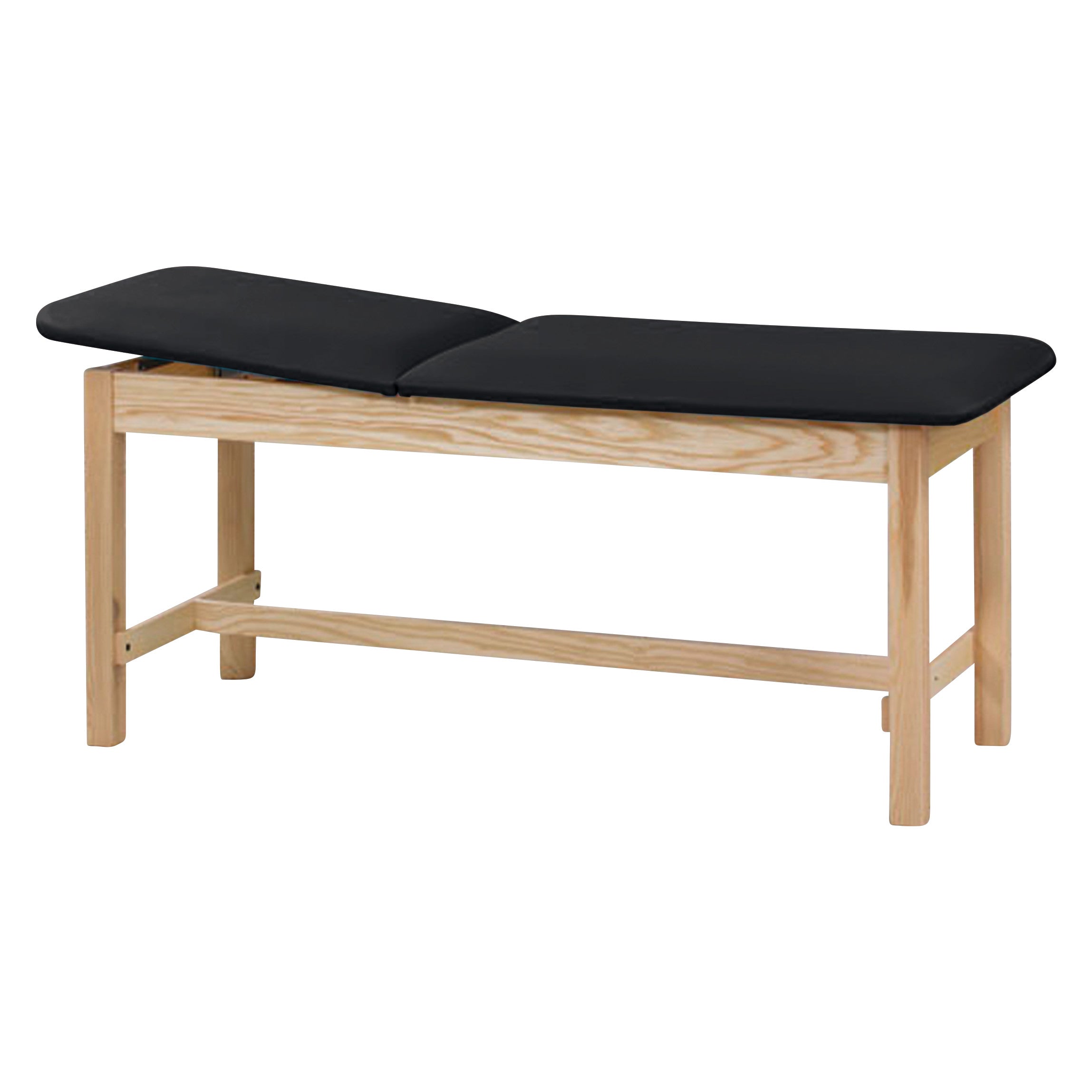 Wooden treatment table with black cushions. It's the Clinton Classic Series H-Brace Treatment Table.
