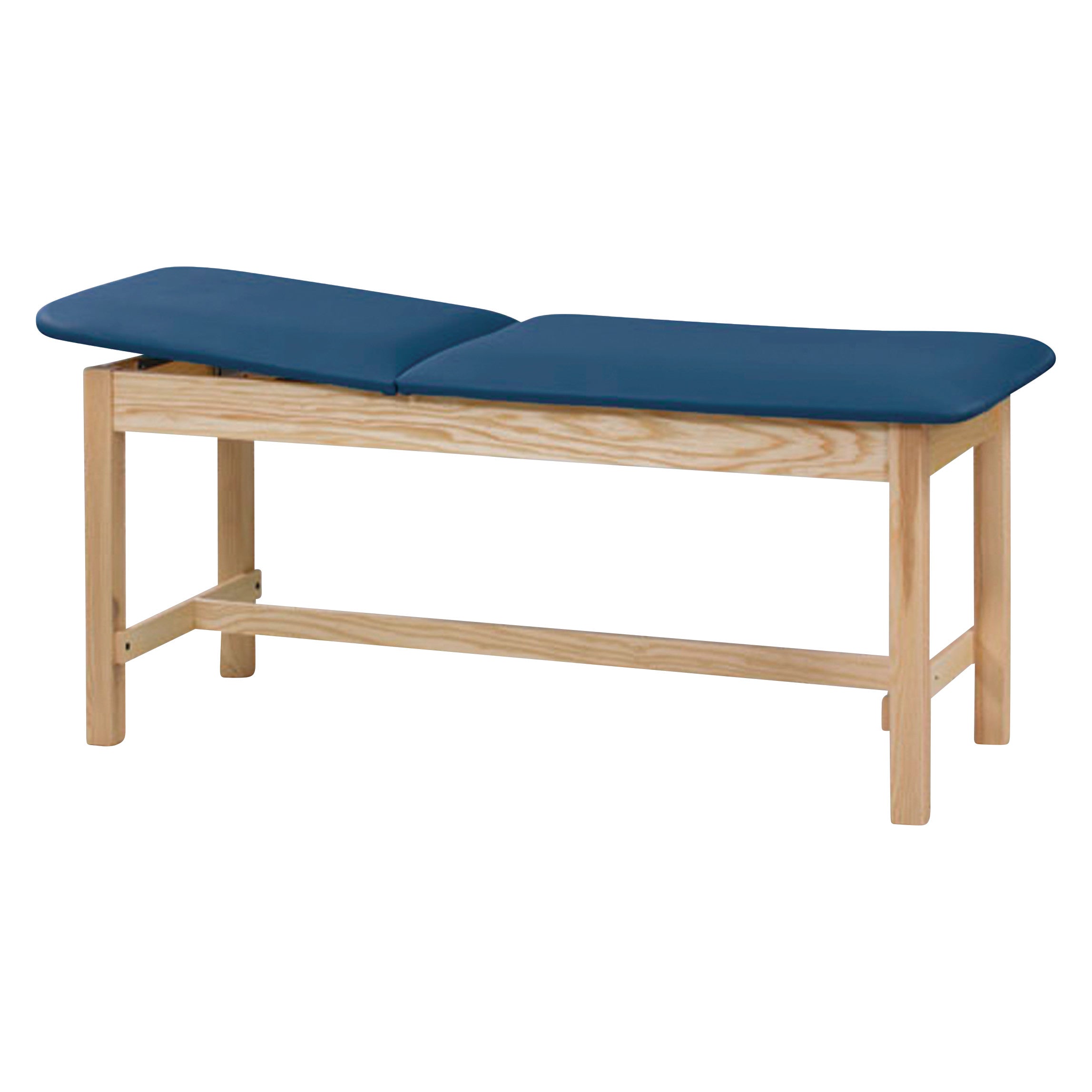 A Clinton Classic Series H-Brace Treatment Table with a wooden frame and blue cushioned top.