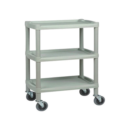 Mettler Electronics 3-Shelf Mobile Cart, gray, with three rectangular trays and four caster wheels for easy mobility.
