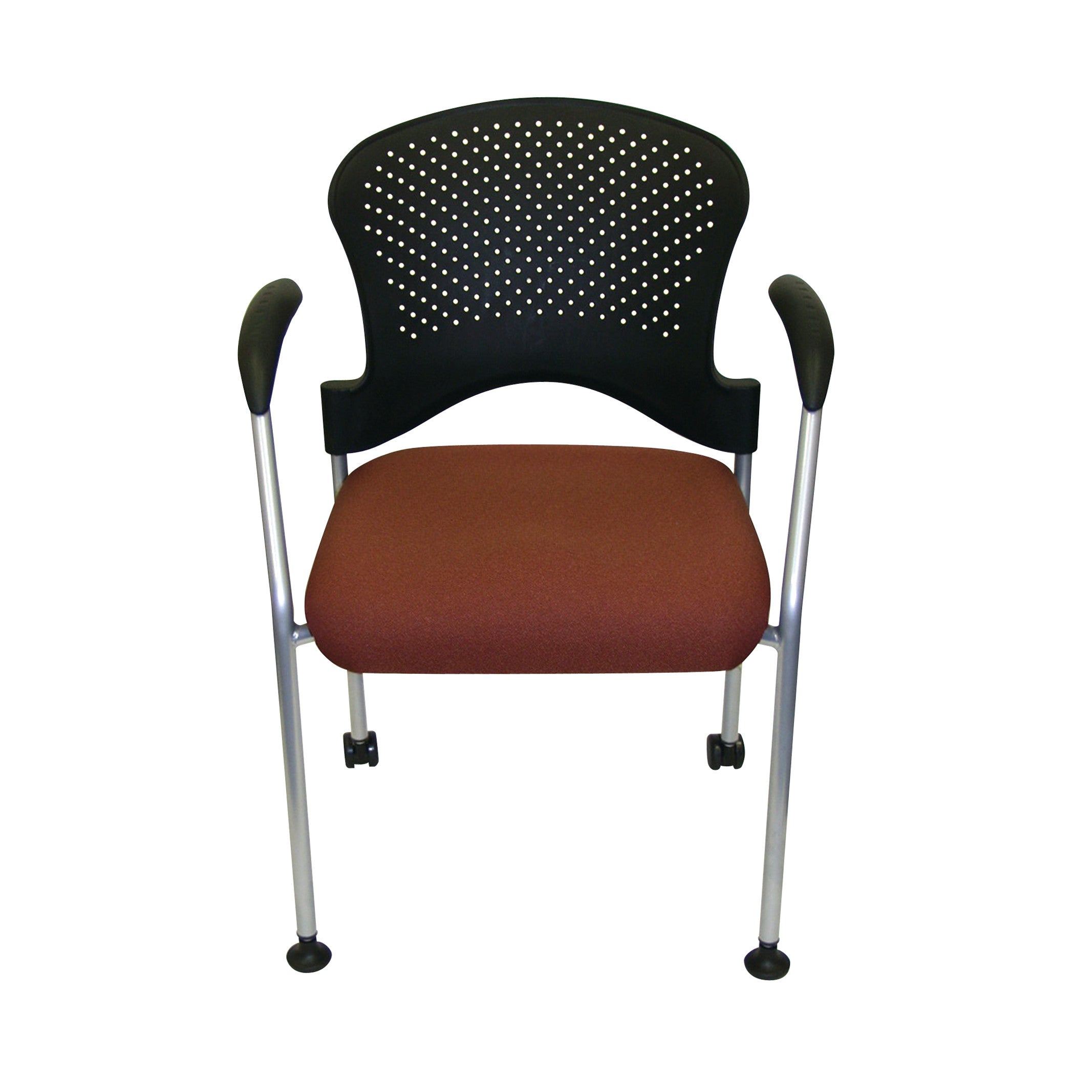 SG2K Stackable Guest Chair with a brown cushioned seat, black perforated backrest, and silver legs with black armrests.