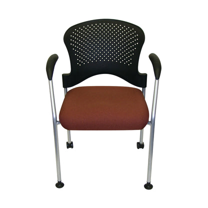 SG2K Stackable Guest Chair with a brown cushioned seat, black perforated backrest, and silver legs with black armrests.