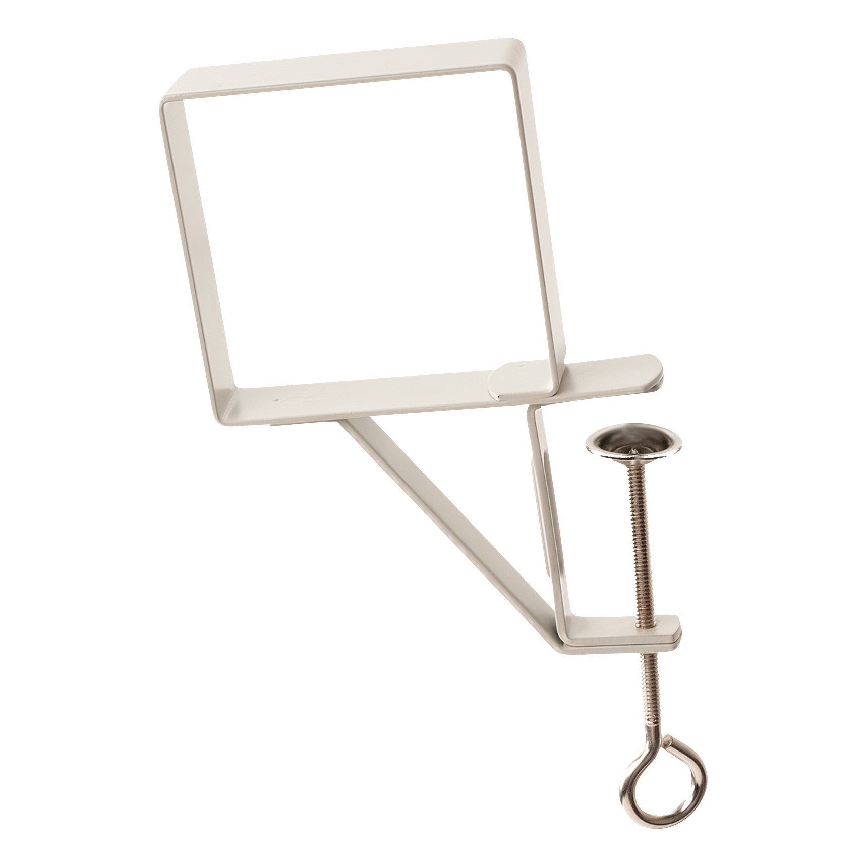 White mounting bracket featuring a clamp and screw mechanism. It's designed for a UMP Infrared Bedside Alarm.