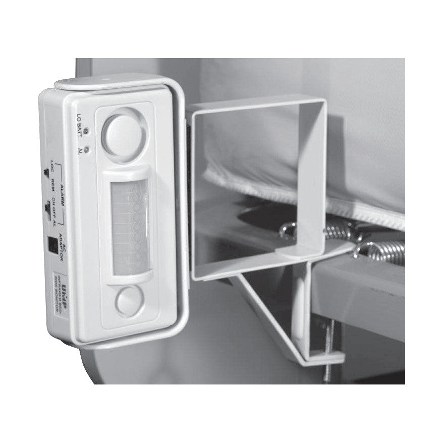 Mounting Bracket for UMP Infrared Bedside Alarm attached to a bed frame, shown in a white and gray setting.