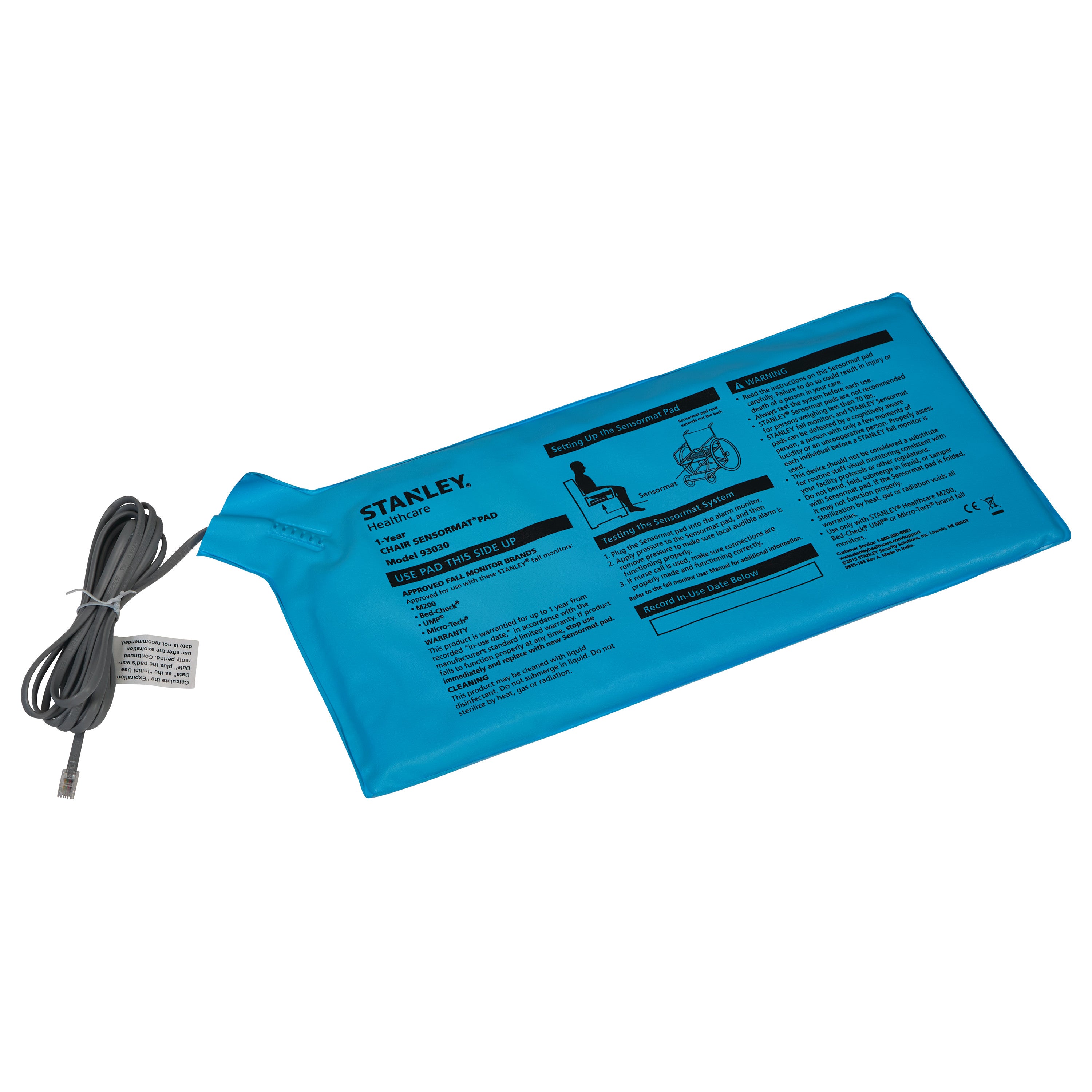 Blue UMP Chair Sensor Pad by Stanley Healthcare with printed instructions, connected to a cord with an RJ11 plug.