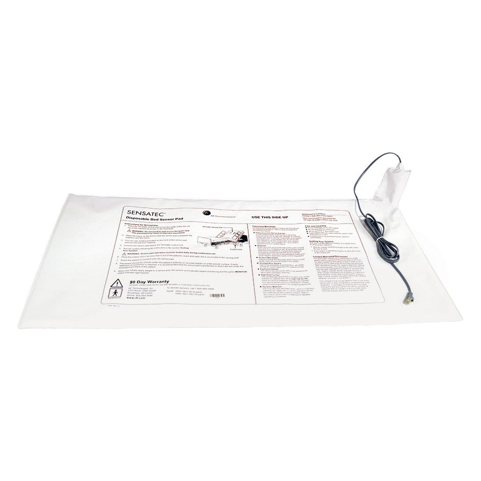 Sensatec Fall Management Bed Sensor Pad with a cord, featuring instructions and warranty details printed on the surface.