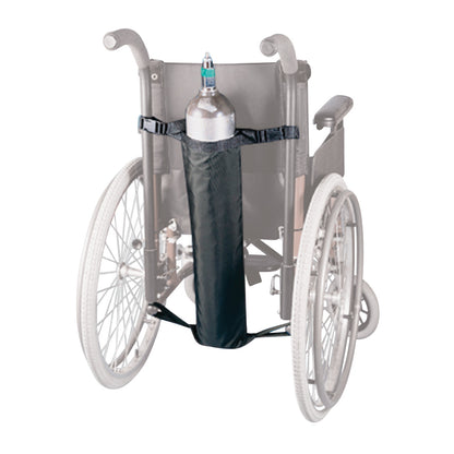 A wheelchair with a Nylon Oxygen Tank Holder attached to the back, holding an oxygen tank securely in place.