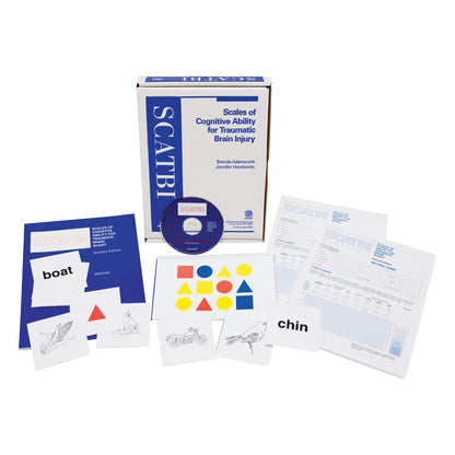 Box of "Scales of Cognitive Ability for Traumatic Brain Injury (SCATBI)" with test materials, cards, manual, and a CD.