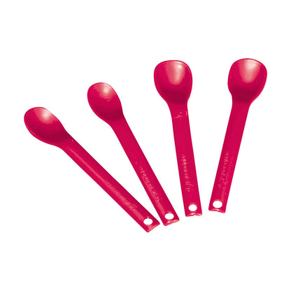 Four ARK Maroon Spoons are displayed, featuring long handles and red color, with holes at the handle ends.
