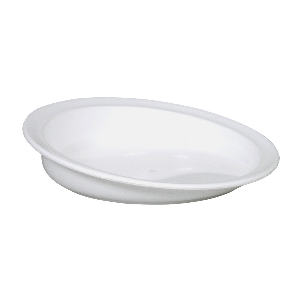 A white Parsons Scoop Plate with a high rim and an inward-curving lip designed to help scoop food easily.