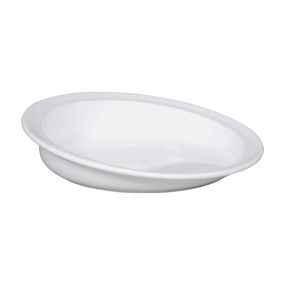 A white Parsons Scoop Plate with a high rim and an inward-curving lip designed to help scoop food easily.