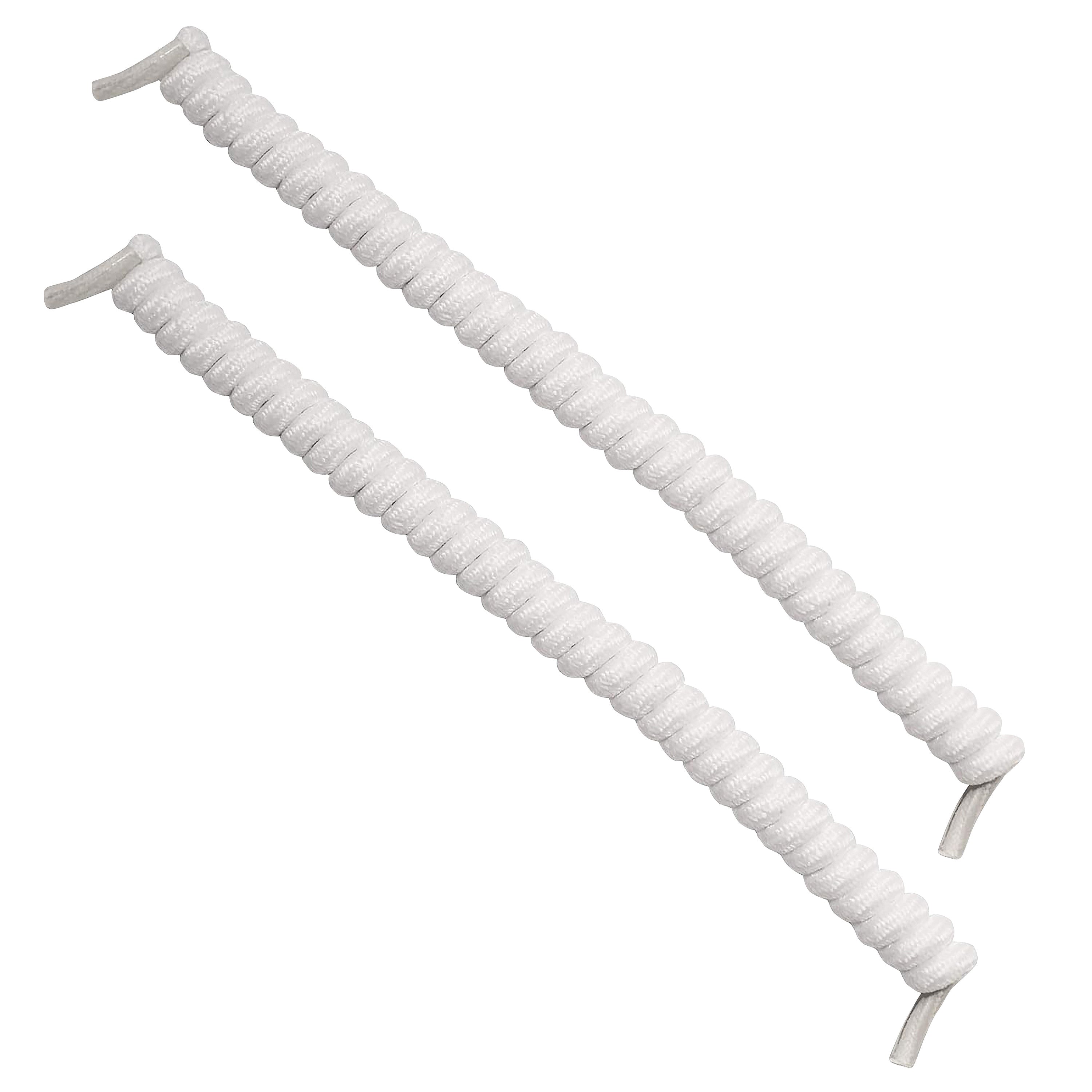 Two white Spyrolaces, coiled elastic shoelaces, are shown against a white background.