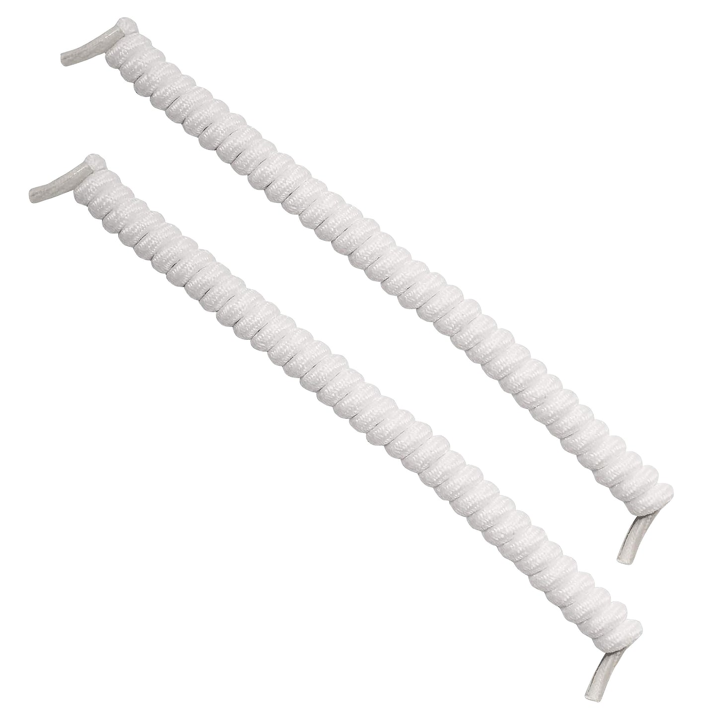 Two white Spyrolaces, coiled elastic shoelaces, are shown against a white background.