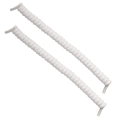 Two white Spyrolaces, coiled elastic shoelaces, are displayed against a plain background.