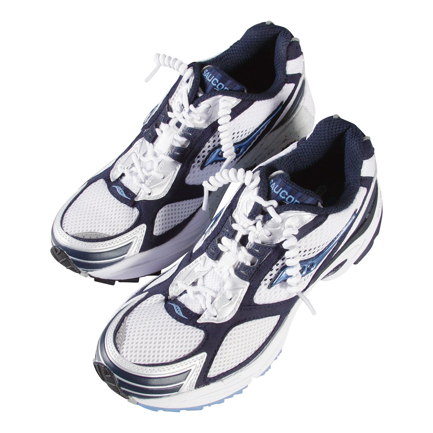 White and navy sneakers with black accents, featuring Spyrolaces. The shoes have a mesh upper and supportive cushioning.