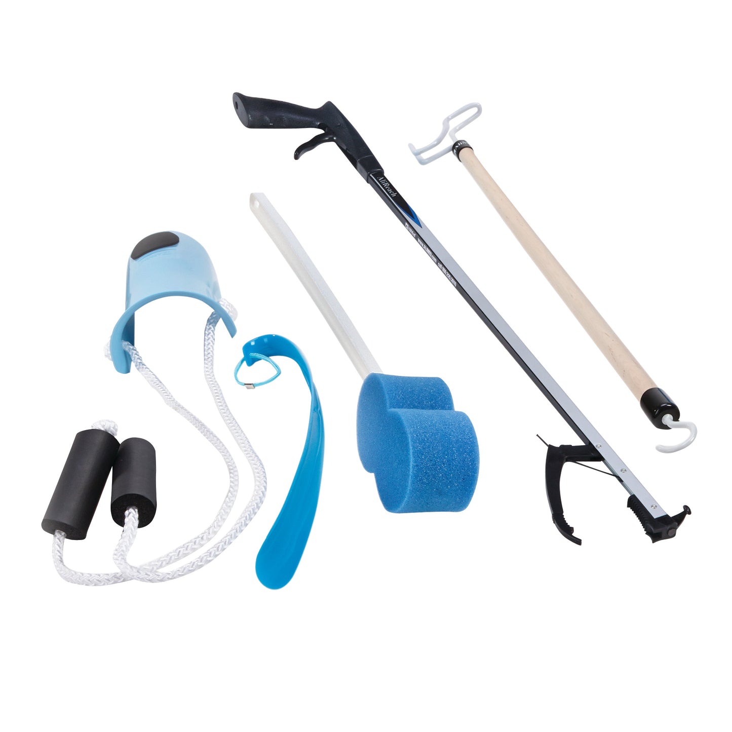 AliMed Economy Hip and Knee Kit with Long Reacher includes a reacher, sock aid, shoehorn, sponge, and dressing stick.