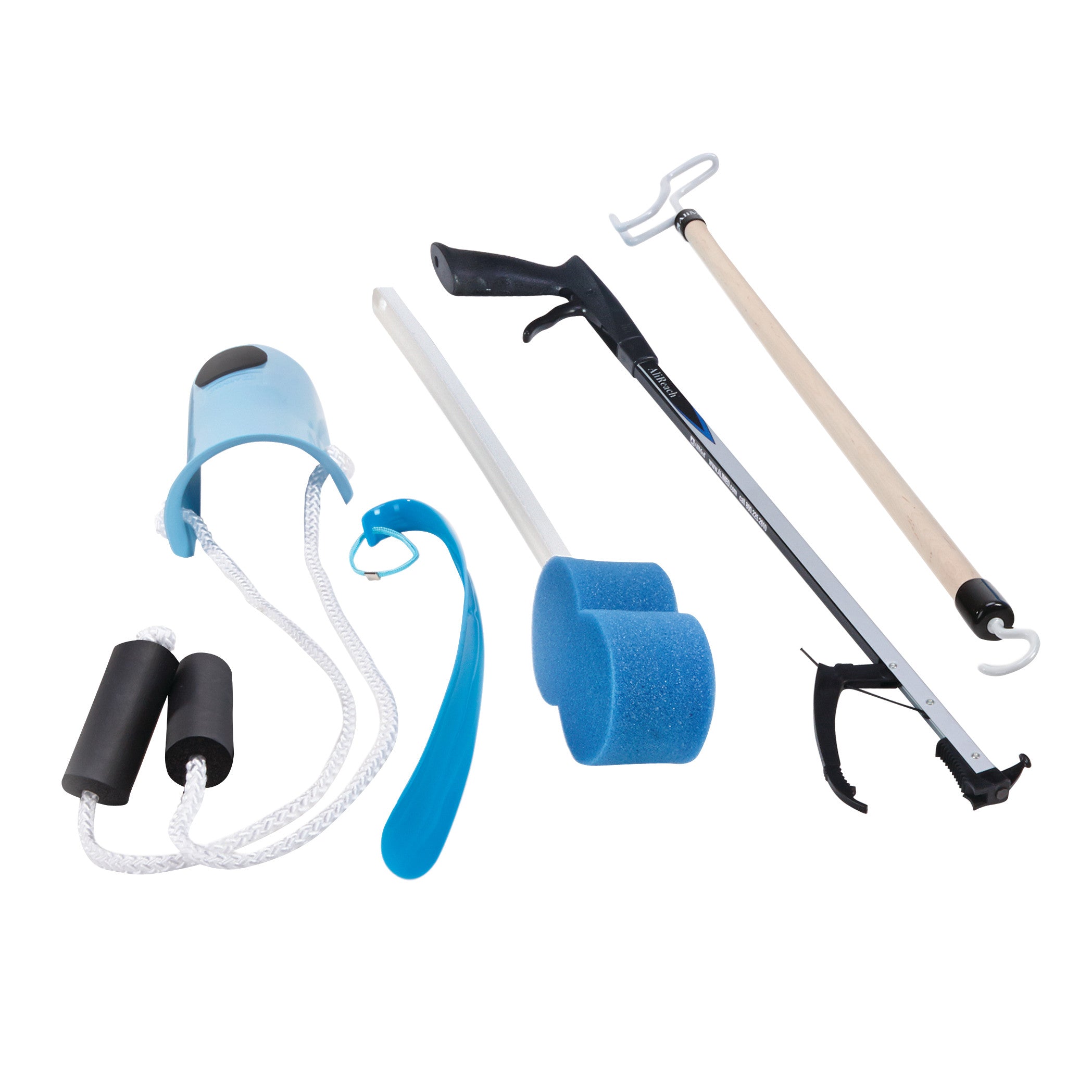 AliMed Economy Hip and Knee Kit includes a shoehorn, dressing stick, reacher, bath sponge, and sock aid with foam handles.
