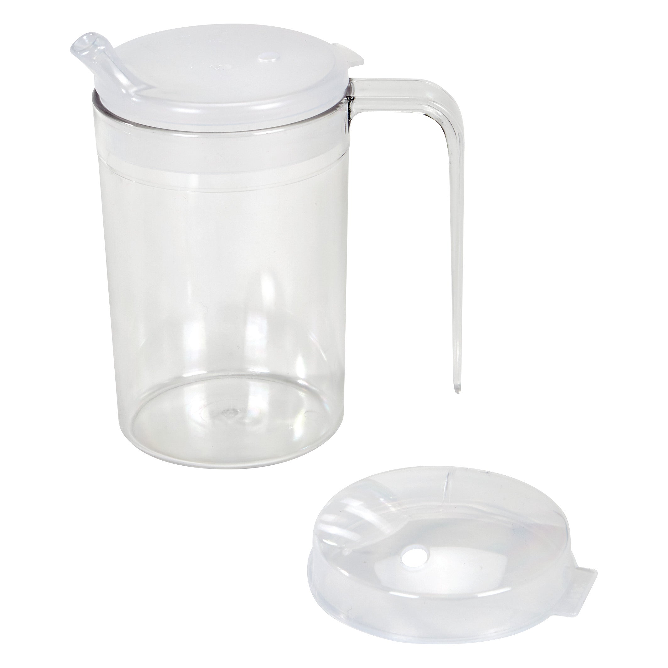 Clear One-Handled Adaptive Mug with Lid. The transparent mug has a spout lid and a separate lid placed beside it.
