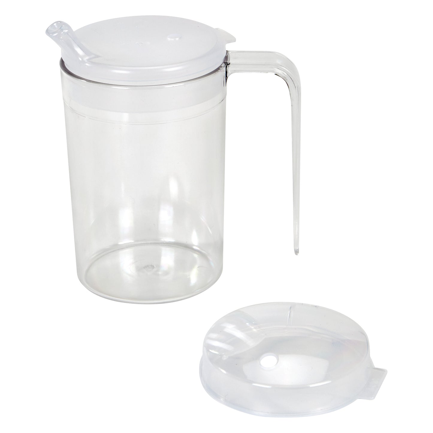 Clear One-Handled Adaptive Mug with Lid. The transparent mug has a spout lid and a separate lid placed beside it.