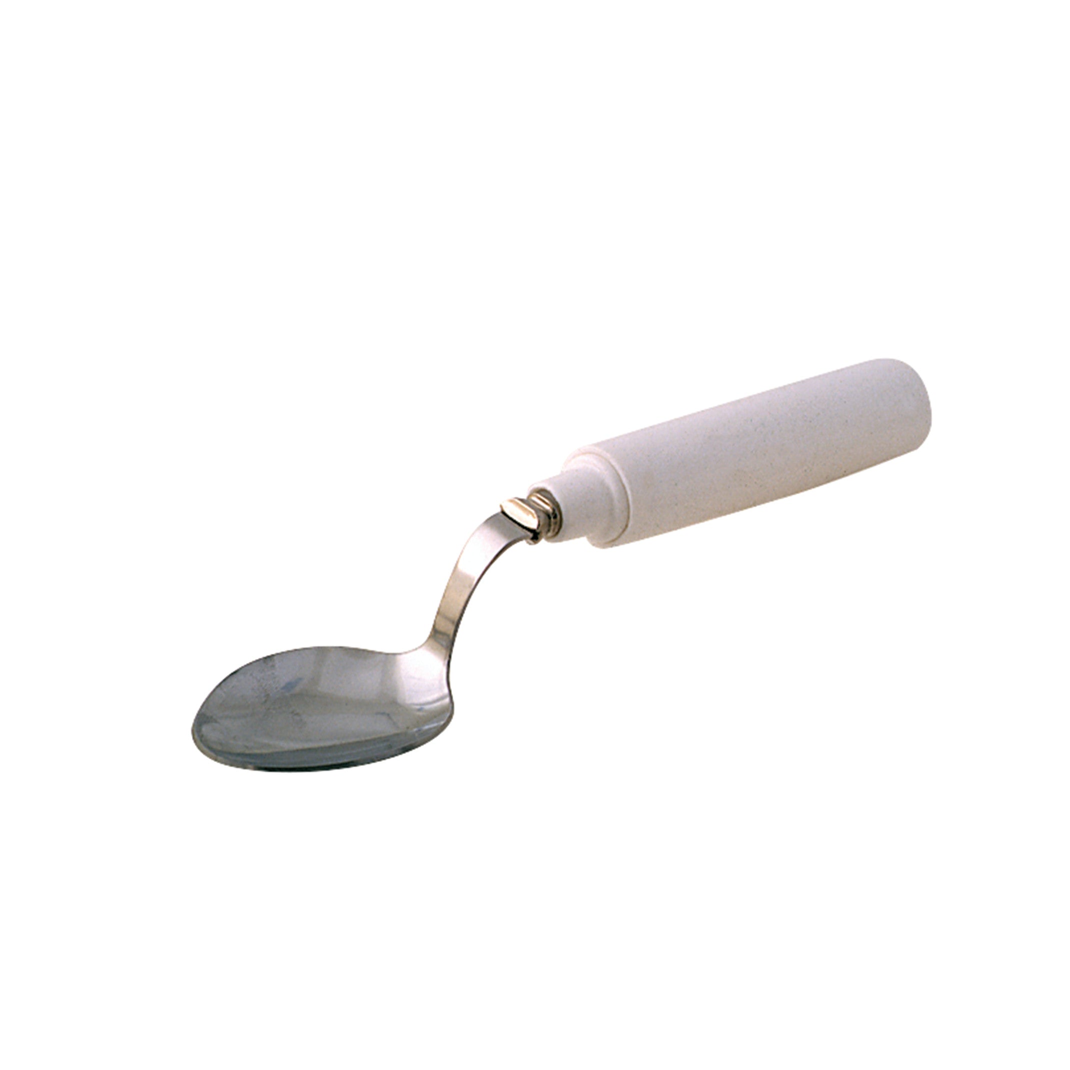A Grip-Tight Swivel Spoon with a metal bowl and adjustable white handle for easy gripping.