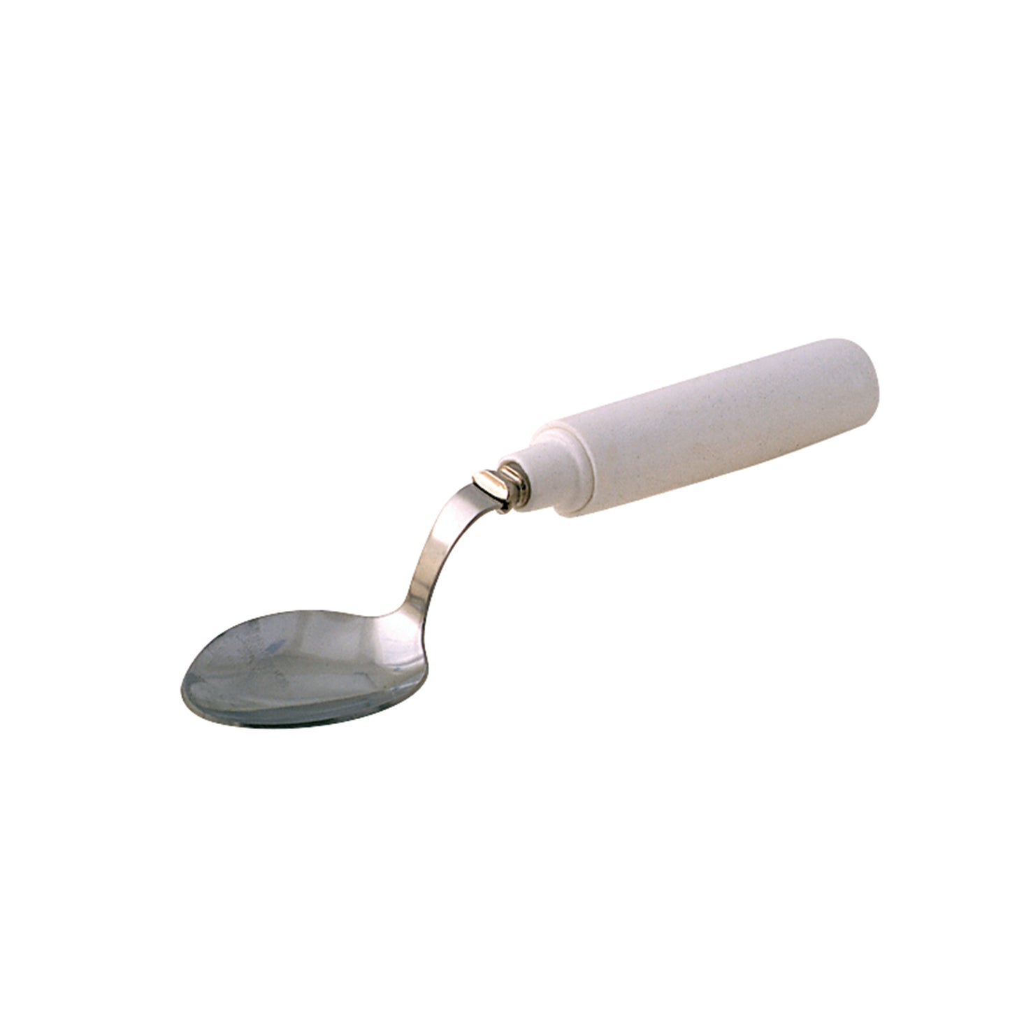 A Grip-Tight Swivel Spoon with a white ergonomic handle and a pivoting metal head designed for easy use and better control.