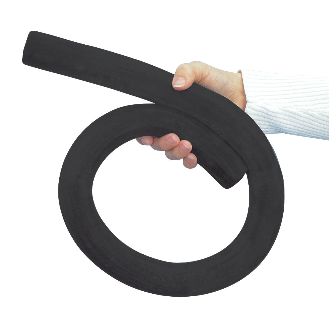 A hand holds a Foam Padded Utensil Gripper, featuring a coiled, black, foam material designed for enhanced grip.