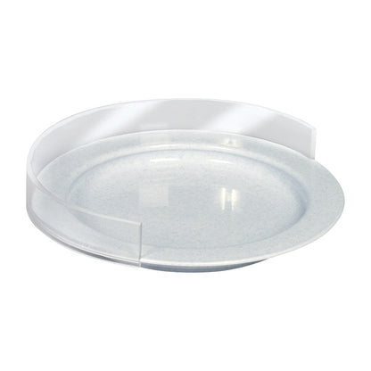 A Therafin Plate Guard attached to a white plate. The guard is a clear, curved barrier designed to prevent food from spilling off.