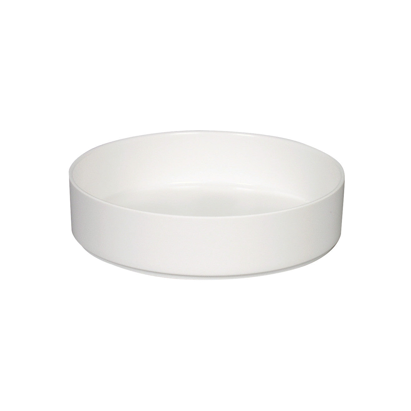 A white, round High-Sided Dish with smooth, glossy surfaces on a plain background.