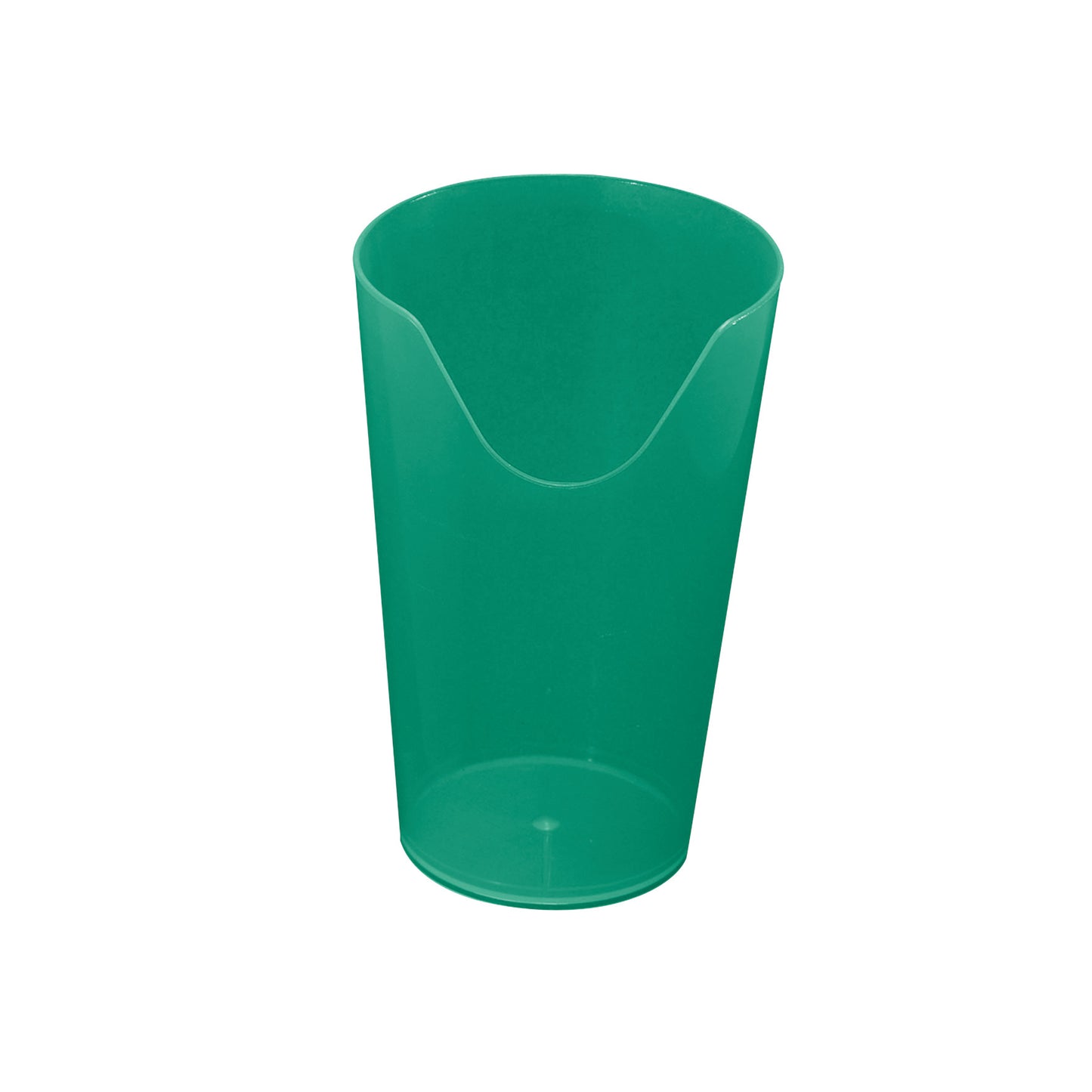 A green plastic Nosey Cutout Cup with a notch on one side, designed for easier drinking without tilting the head back.
