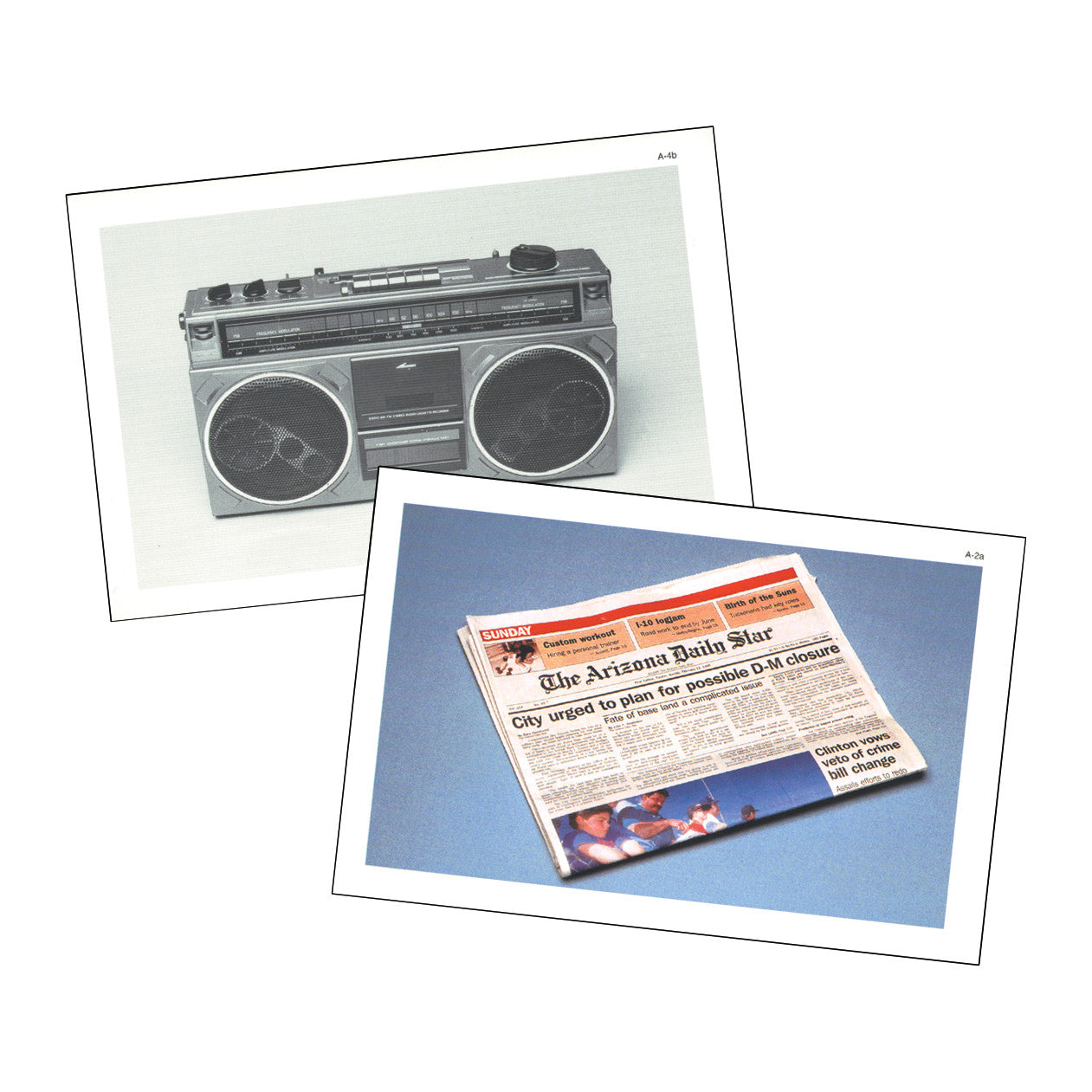 Two Advanced Descripto-Cards feature a boombox on one and a folded newspaper titled "The Arizona Daily Star" on the other.