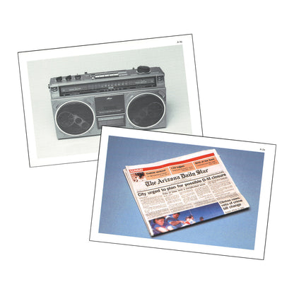 Two Advanced Descripto-Cards feature a boombox on one and a folded newspaper titled "The Arizona Daily Star" on the other.
