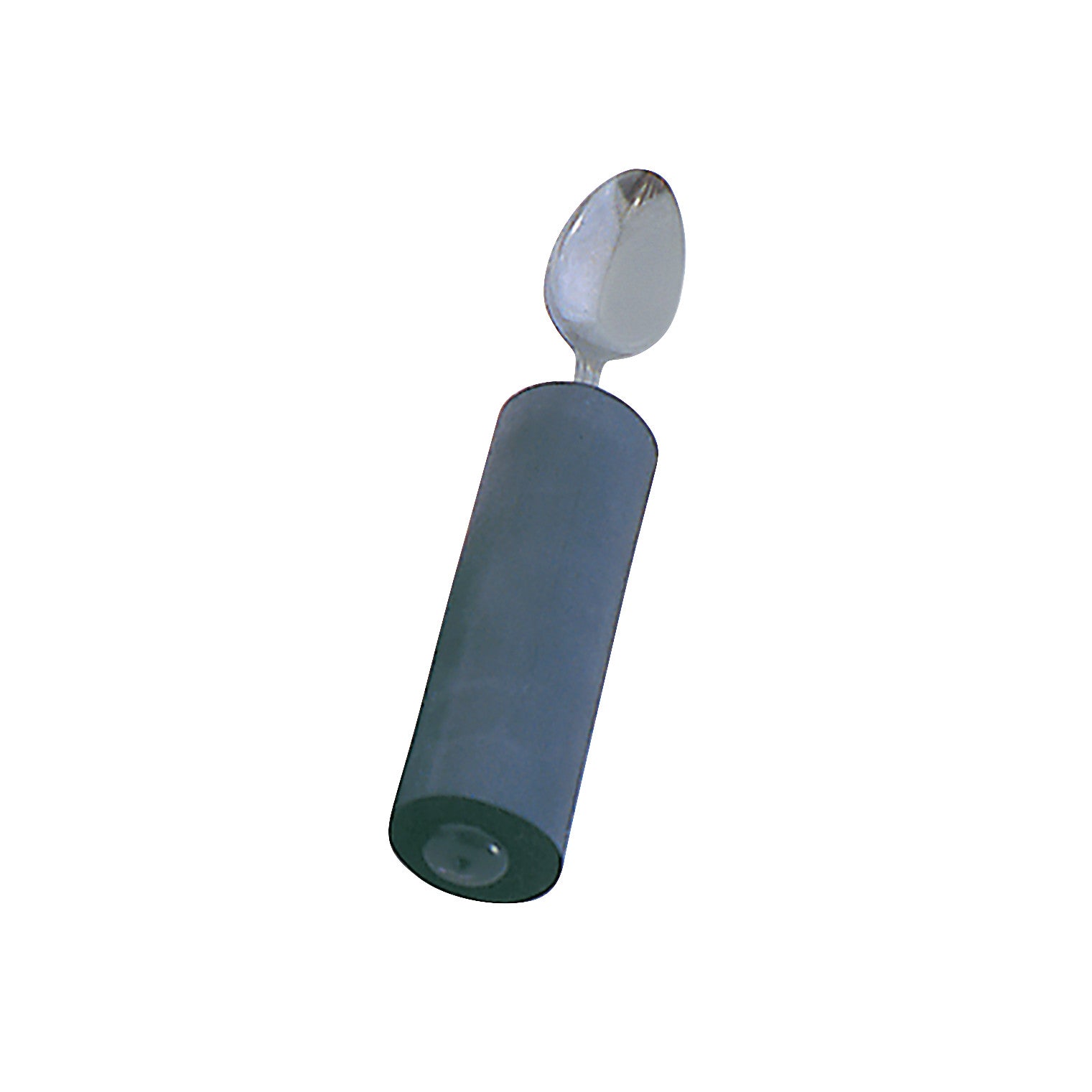 A spoon with a large gray handle, part of the Soft Grip Flatware collection, designed for easy gripping.