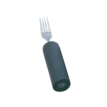A metal fork with a large, black cylindrical handle. It is labeled as "Soft Grip Flatware" designed for easy handling.