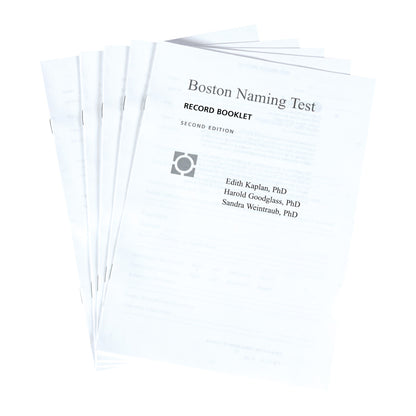 Stack of Record Booklets for Boston Naming Test, 2nd Ed. (BNT-2) featuring authors' names on the cover.