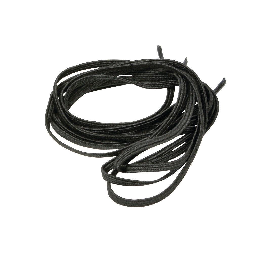 A bundle of black Flat Elastic Shoelaces is coiled in a loop on a white background.