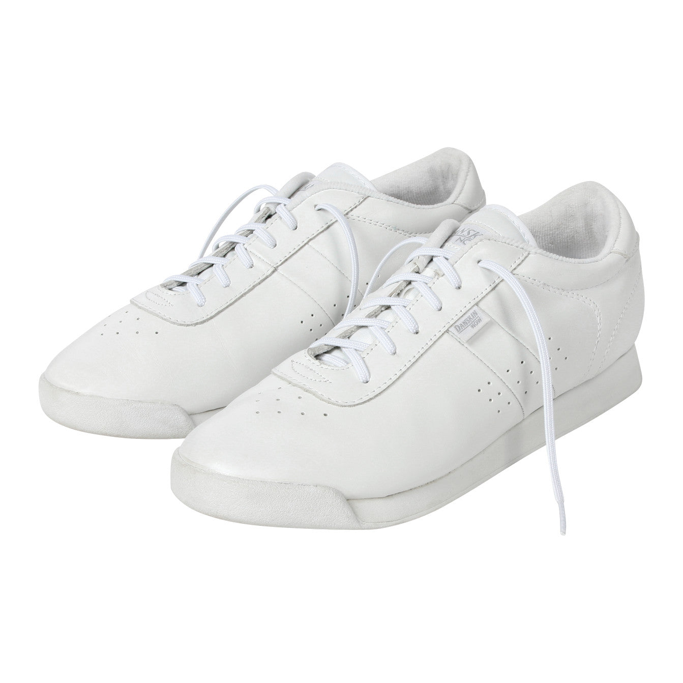 White sneakers with flat elastic shoelaces, named "Flat Elastic Shoelace." They feature a minimalist design with perforations.
